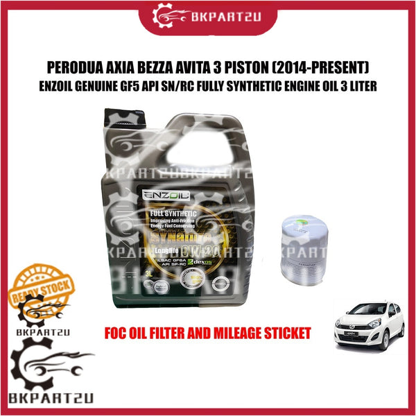 PERODUA AXIA BEZZA AVITA ENZOIL GENUINE 0W 20 0W 20 GF5 API SN/RC FULLY SYNTHETIC ENGINE OIL 3 LITER FOC OIL FILTER