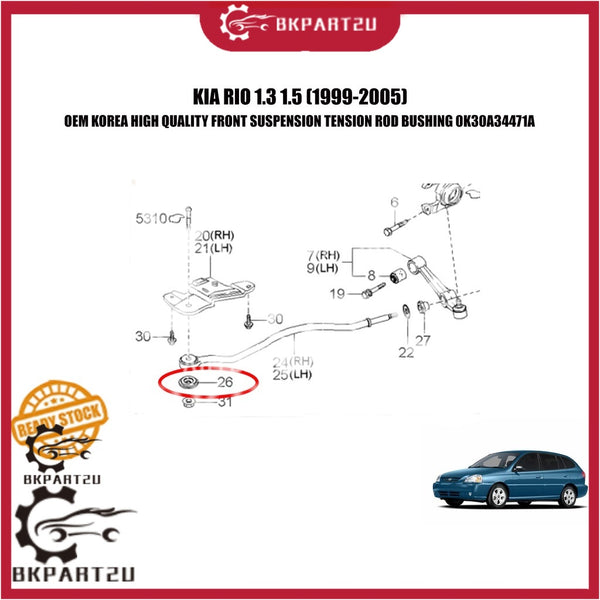 KIA RIO 1.3 1.5 (1999-2005) FRONT SUSPENSION TENSION ROD BUSHING LOWER ARM BUSH MADE BY OEM KOREA 0K30A34471A