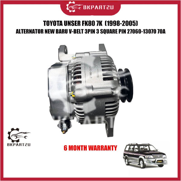 TOYOTA UNSER FK80 7K  (1998-2005) ALTERNATOR NEW BARU V-BELT 3PIN 3 SQUARE PIN 27060-13070 70A 6 MONTH WARRANTY